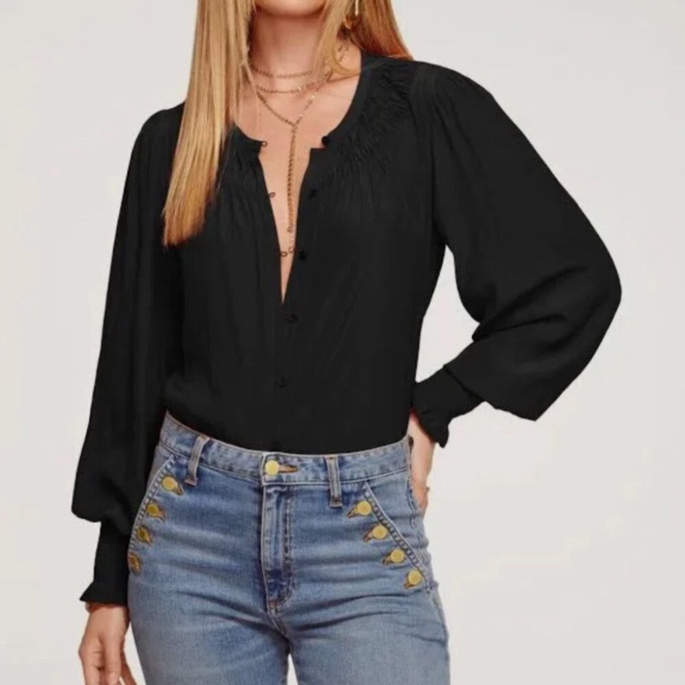 NWT $325 RAMY BROOK Isla Puff Sleeve Blouse In Black